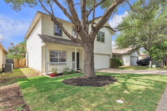 2101 Charlotte Estates Dr, Austin, TX 78744 - traditional-style house with a porch, concrete driveway, a garage, and a shingled roof