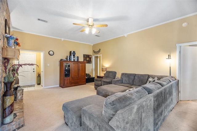 5804 Sheffield Terrace Ln, Bryan, TX 77802 - living room with a ceiling fan, light colored carpet, and crown molding