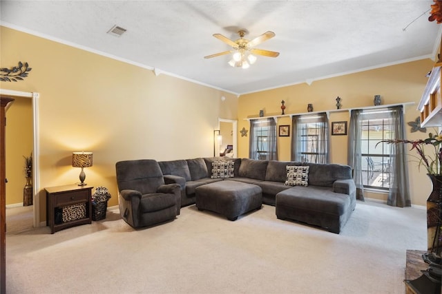 5804 Sheffield Terrace Ln, Bryan, TX 77802 - living room featuring a ceiling fan, carpet floors, and ornamental molding