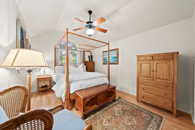 10839 Redmond Rd, Austin, TX 78739 - bedroom featuring light wood finished floors, lofted ceiling, and ceiling fan