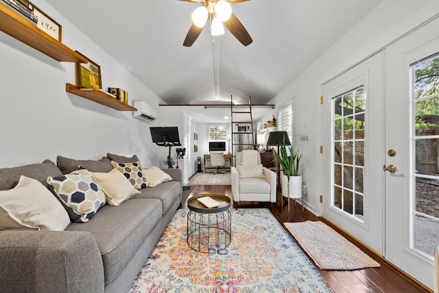10839 Redmond Rd, Austin, TX 78739 - living area with a ceiling fan, lofted ceiling, wood finished floors, a wall mounted AC, and french doors