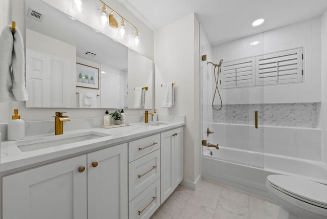 10839 Redmond Rd, Austin, TX 78739 - bathroom featuring double vanity, combined bath / shower with glass door, and marble look tiles