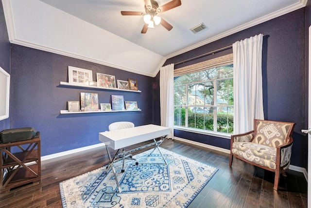 518 Victoria Dr, Cedar Park, TX 78613 - office featuring vaulted ceiling, ornamental molding, ceiling fan, wood finished floors, and a textured wall