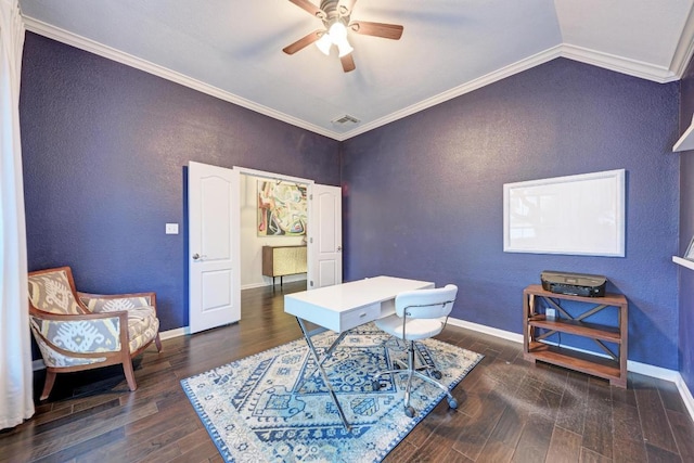 518 Victoria Dr, Cedar Park, TX 78613 - office space with ceiling fan, dark wood-type flooring, a textured wall, ornamental molding, and vaulted ceiling