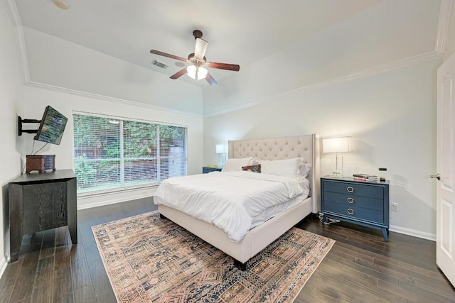 518 Victoria Dr, Cedar Park, TX 78613 - bedroom featuring dark wood-style floors, crown molding, ceiling fan, and vaulted ceiling