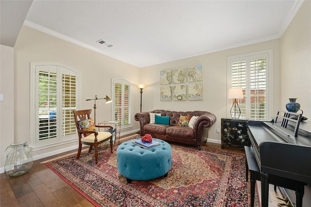 4004 Callabero Cv, Round Rock, TX 78681 - living room featuring wood finished floors, healthy amount of natural light, and ornamental molding