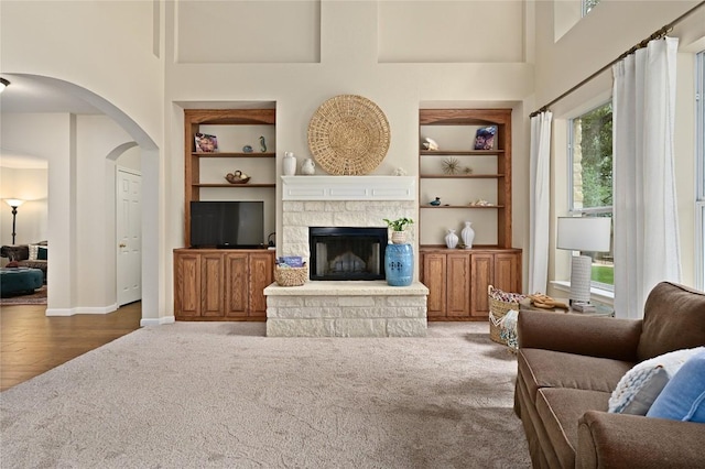 4004 Callabero Cv, Round Rock, TX 78681 - living area featuring built in shelves, arched walkways, carpet flooring, a high ceiling, and a fireplace