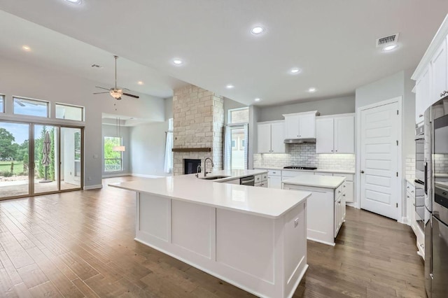 321 Cimarron Hills Trl E, Georgetown, TX 78628 - kitchen with a large island, a fireplace, ceiling fan, open floor plan, and tasteful backsplash