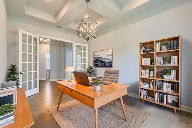 321 Cimarron Hills Trl E, Georgetown, TX 78628 - office space with a chandelier, coffered ceiling, wood finished floors, french doors, and beam ceiling