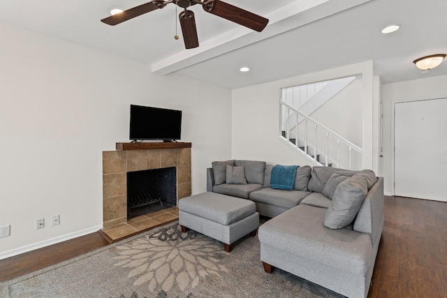2704 San Pedro St Unit A16, Austin, TX 78705 - living area with beam ceiling, wood finished floors, a ceiling fan, recessed lighting, and stairs