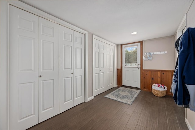 4500 Poteau Cir, Austin, TX 78734 - entrance foyer featuring a wainscoted wall, dark wood-style flooring, and wood walls