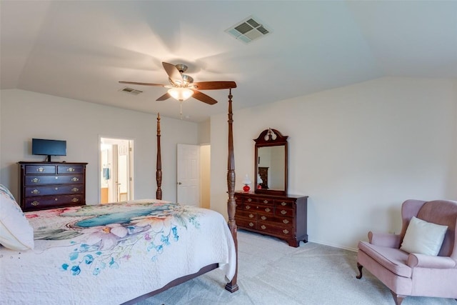 1312 Kothman Dr, Hutto, TX 78634 - bedroom with vaulted ceiling, carpet, a ceiling fan, and ensuite bath