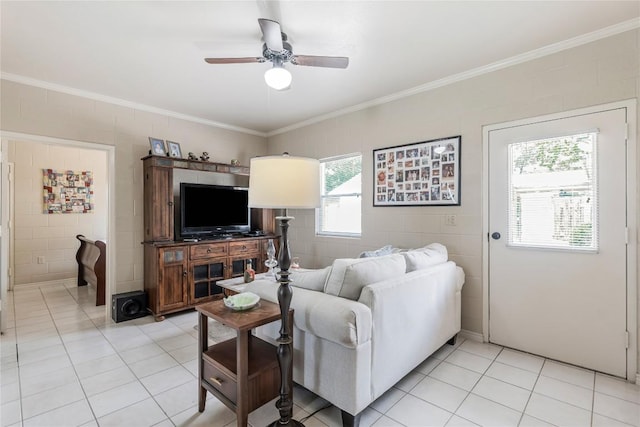 500 N Main St N, Burnet, TX 78611 - living area featuring ornamental molding, a ceiling fan, and light tile patterned floors