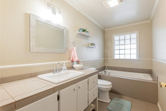 500 N Main St N, Burnet, TX 78611 - bathroom with a bath, vanity, ornamental molding, and tile patterned floors