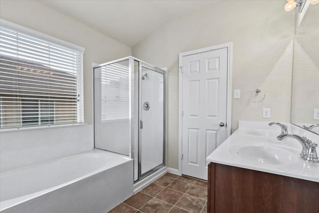 121 Brazoria Trl, San Marcos, TX 78666 - full bathroom featuring a stall shower, a garden tub, double vanity, and tile patterned flooring