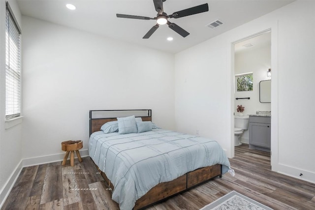 1156 Timberlane Dr, Canyon Lake, TX 78133 - bedroom featuring wood finished floors, recessed lighting, connected bathroom, and a ceiling fan