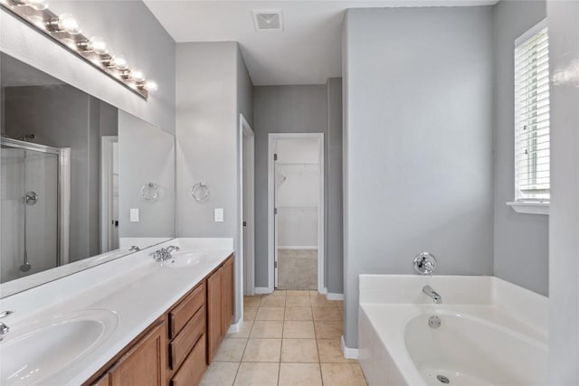 18609 Sandy Bottom Dr, Pflugerville, TX 78660 - bathroom with a stall shower, a garden tub, double vanity, and healthy amount of natural light