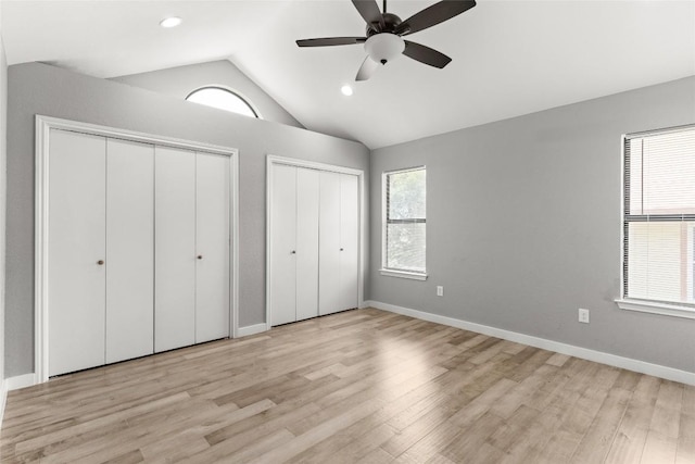 109 Campfire Cir, Copperas Cove, TX 76522 - unfurnished bedroom with multiple closets, vaulted ceiling, wood finished floors, a ceiling fan, and recessed lighting