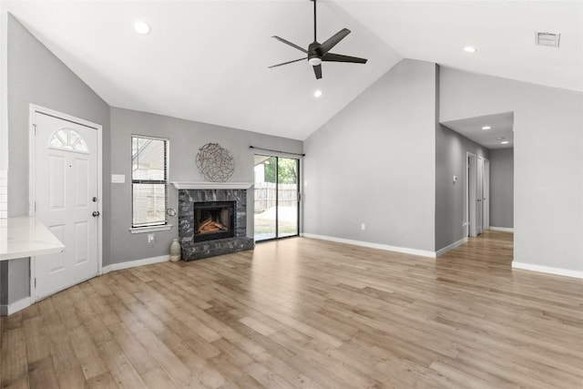 109 Campfire Cir, Copperas Cove, TX 76522 - unfurnished living room featuring high vaulted ceiling, a ceiling fan, a fireplace, light wood-type flooring, and recessed lighting