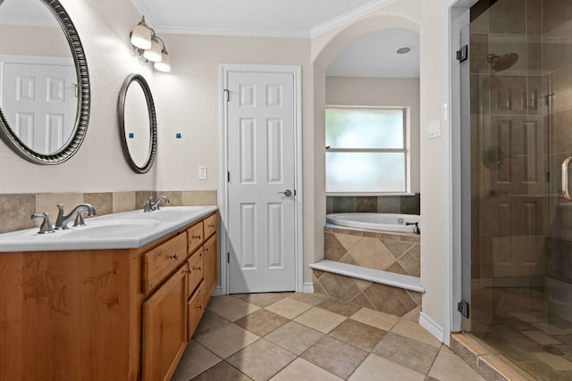3402 Lauren St, Copperas Cove, TX 76522 - bathroom with double vanity, a bath, a stall shower, crown molding, and tile patterned flooring