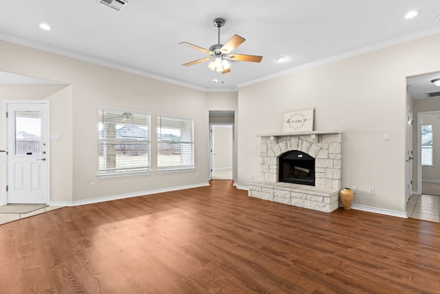 3402 Lauren St, Copperas Cove, TX 76522 - unfurnished living room with wood finished floors, ceiling fan, recessed lighting, ornamental molding, and a fireplace