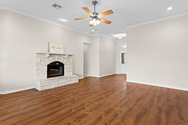 3402 Lauren St, Copperas Cove, TX 76522 - unfurnished living room featuring wood finished floors, a ceiling fan, recessed lighting, crown molding, and a fireplace