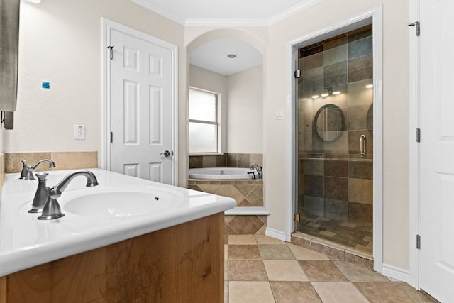 3402 Lauren St, Copperas Cove, TX 76522 - full bathroom with a bath, a shower stall, crown molding, tile patterned flooring, and vanity