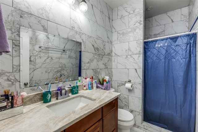 130 Los Arcos Rd, Elgin, TX 78621 - full bath featuring tile walls, vanity, and a shower with shower curtain