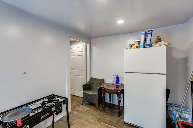 130 Los Arcos Rd, Elgin, TX 78621 - kitchen featuring freestanding refrigerator, wood finished floors, and recessed lighting