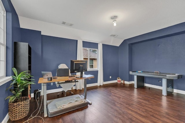 9024 Wildwater Way, Round Rock, TX 78681 - home office featuring wood finished floors and vaulted ceiling