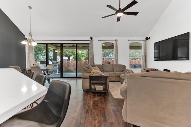9024 Wildwater Way, Round Rock, TX 78681 - living room with high vaulted ceiling, dark wood-type flooring, ceiling fan, and french doors