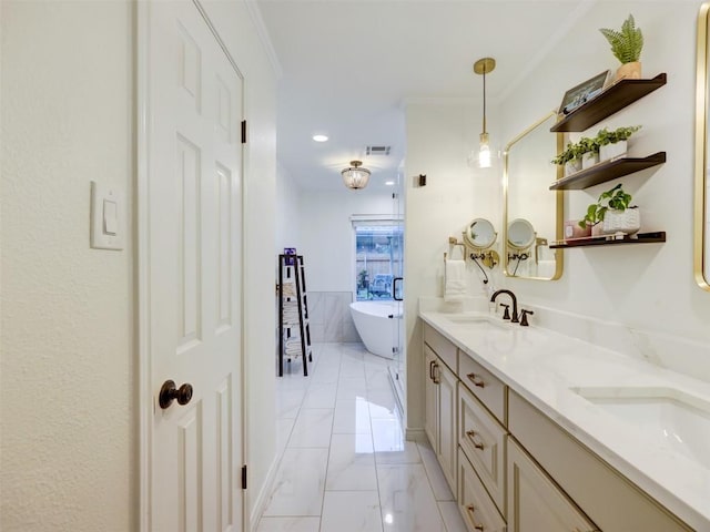 910 Blue Spring Cir, Round Rock, TX 78681 - full bathroom with double vanity, a soaking tub, recessed lighting, and ornamental molding
