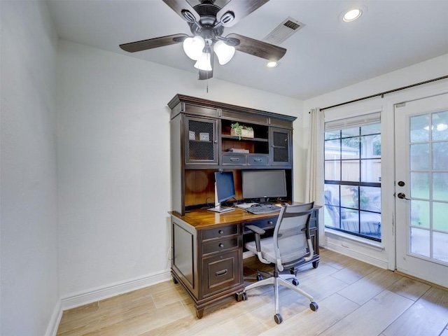 910 Blue Spring Cir, Round Rock, TX 78681 - home office with a ceiling fan, light wood-style flooring, french doors, and recessed lighting