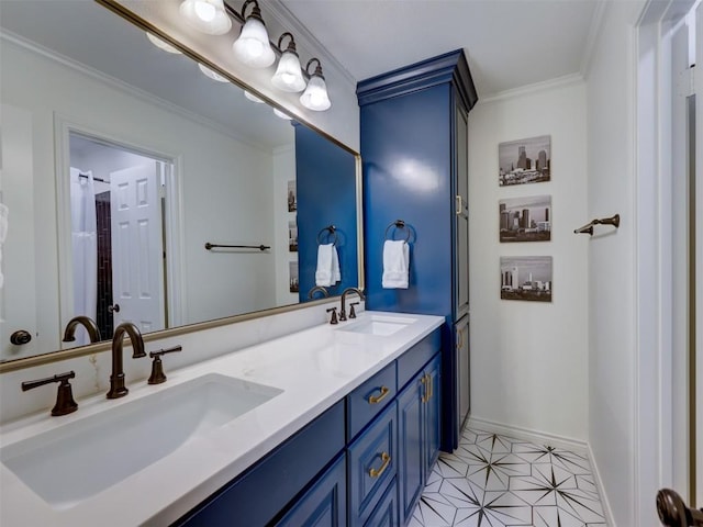 910 Blue Spring Cir, Round Rock, TX 78681 - full bathroom with double vanity, crown molding, and tile patterned floors