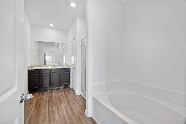 19512 Andrew Jackson St, Manor, TX 78653 - bathroom featuring a bath, double vanity, a shower stall, wood finished floors, and recessed lighting