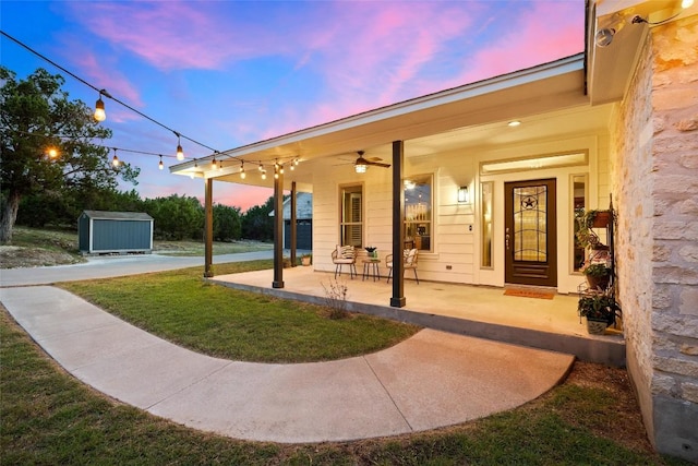 28 Long Creek Rd, Austin, TX 78737 - covered porch with a shed and ceiling fan