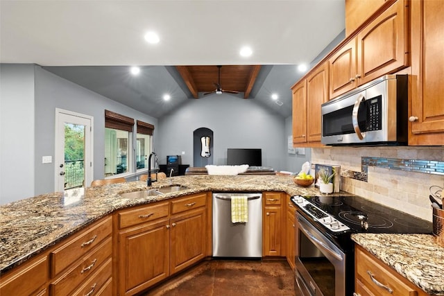 28 Long Creek Rd, Austin, TX 78737 - kitchen featuring stainless steel appliances, ceiling fan, lofted ceiling, light stone counters, and recessed lighting