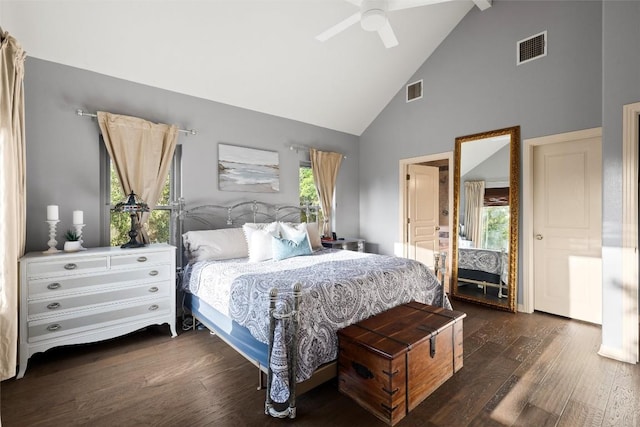 28 Long Creek Rd, Austin, TX 78737 - bedroom featuring high vaulted ceiling, dark wood-style flooring, ceiling fan, and beam ceiling