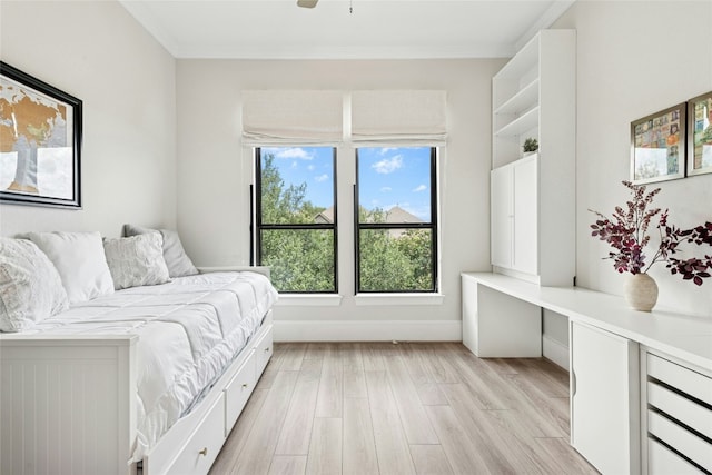 15408 Joseph Dr, Austin, TX 78734 - bedroom with light wood-type flooring, crown molding, and ceiling fan