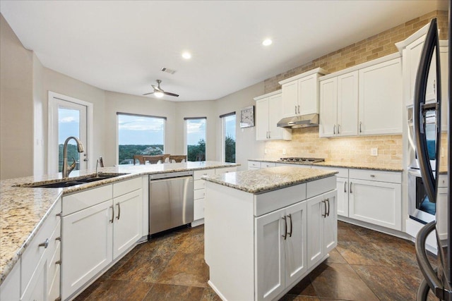 3207 Crystal Falls Pkwy, Leander, TX 78641 - kitchen with appliances with stainless steel finishes, stone tile flooring, a ceiling fan, under cabinet range hood, and recessed lighting