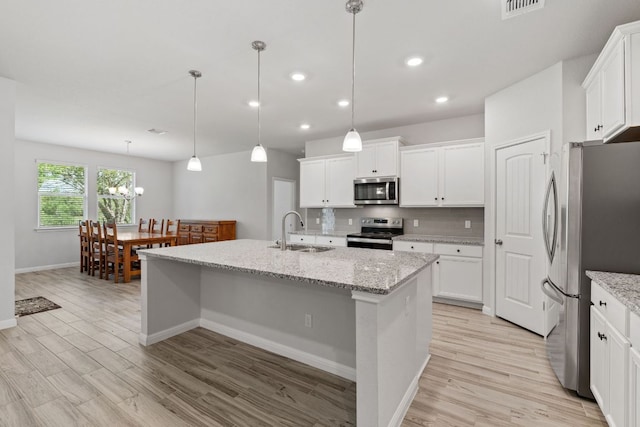127 Tom Kite Dr, Burnet, TX 78611 - kitchen with appliances with stainless steel finishes, light wood-style floors, white cabinets, backsplash, and an island with sink