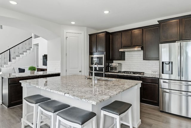 8100 Copper Prairie Bnd, Lago Vista, TX 78645 - kitchen with stainless steel appliances, light wood-type flooring, under cabinet range hood, an island with sink, and recessed lighting