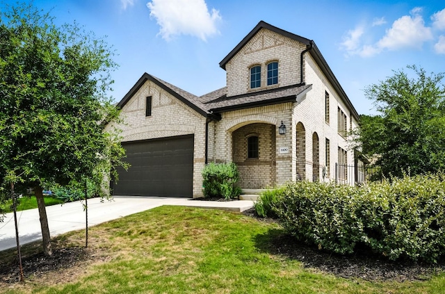 8100 Copper Prairie Bnd, Lago Vista, TX 78645 - french country home featuring brick siding, concrete driveway, a garage, a front yard, and stone siding