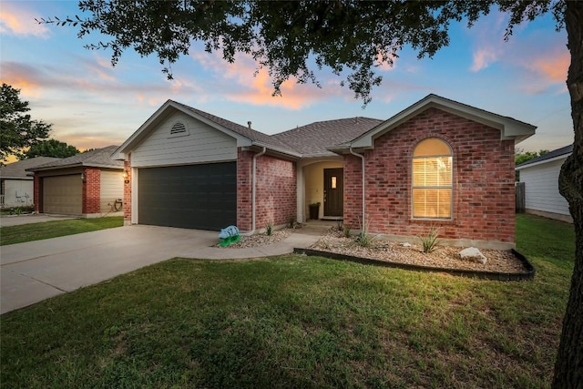 216 Watergate Way, Hutto, TX 78634 - ranch-style house featuring an attached garage, brick siding, a front yard, and concrete driveway