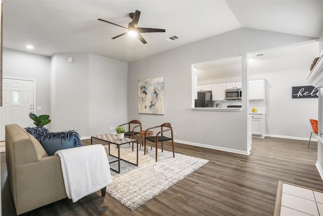 216 Watergate Way, Hutto, TX 78634 - living area featuring ceiling fan, dark wood-style floors, lofted ceiling, and recessed lighting