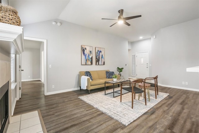 216 Watergate Way, Hutto, TX 78634 - living area with a ceiling fan, wood finished floors, vaulted ceiling, and recessed lighting