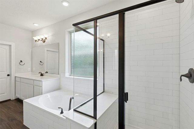 2309 Lone Spur Cv, Round Rock, TX 78665 - full bathroom featuring a shower stall, a bath, wood finished floors, and vanity