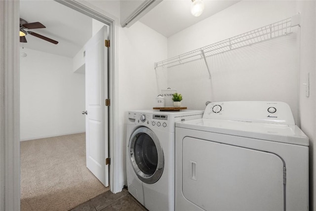 1267 Sanders, Kyle, TX 78640 - washroom with washer and clothes dryer, ceiling fan, and dark carpet