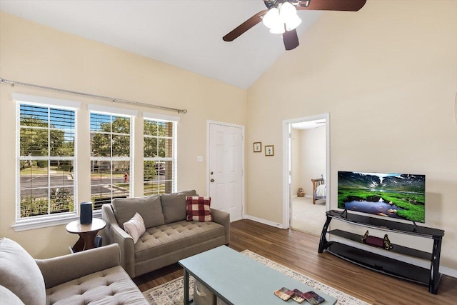 401 Buttercup Creek Blvd Unit 1904, Cedar Park, TX 78613 - living room featuring wood finished floors, ceiling fan, and high vaulted ceiling