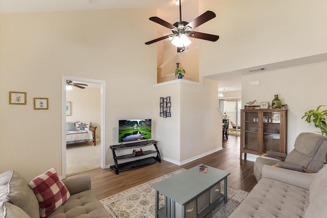 401 Buttercup Creek Blvd Unit 1904, Cedar Park, TX 78613 - living area with a ceiling fan, wood finished floors, and a high ceiling